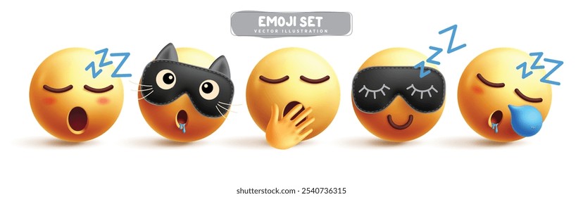 Emojis sleepy characters emoticon vector set. Emoji 3d character like sleep, rest, relax, snoring, tired, calm and asleep graphic elements in white background. Vector illustration sleepy yellow