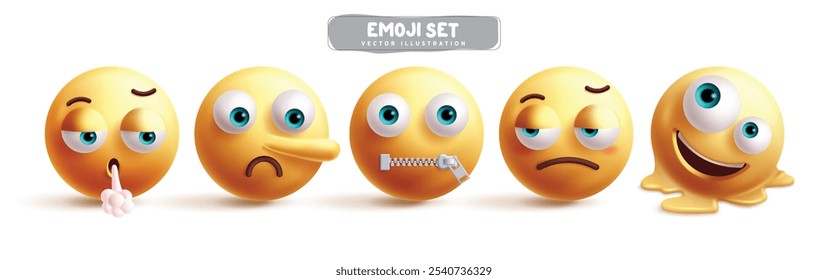 Emojis personajes cansados emoticon conjunto de Vectores. Emoji 3d carácter como pinocho, tranquilo, ansioso, agotado, derritiendo y silenciosos Elementos gráficos en el fondo blanco. Ilustración vectorial cansado amarillo 