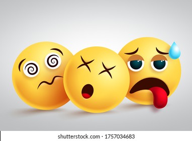 Emojis tired and disappointed vector design. Emoji or emoticon group character in dizzy, tired and upset facial expressions in white background. Vector illustration.   