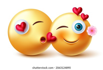 Emojis valentine couple emojis vector design. Inlove 3d emoji emoticon characters in kissing romantic expression and gesture for valentines inlove lover character concept. Vector illustration.
