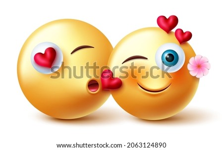 Emojis valentine couple emojis vector design. Inlove 3d emoji emoticon characters in kissing romantic expression and gesture for valentines inlove lover character concept. Vector illustration.
