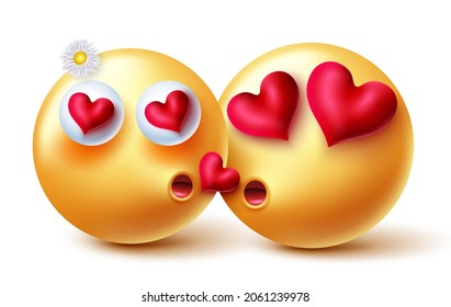 Emojis valentine lovers vector design. Emoji emoticon 3d inlove romantic kissing character with hearts elements for valentine kiss gesture couple characters concept. Vector illustration.
