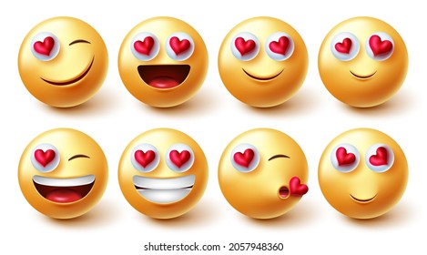 Emojis valentines characters vector set. Emoji character in 3d graphic design with inlove and happy facial expressions for valentine emoticon faces collection design. Vector illustration.
