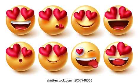 Emojis valentines lovely character vector set. Emoji characters inlove and happy facial expressions isolated in white background for cute valentine love hearts in yellow faces collection design.