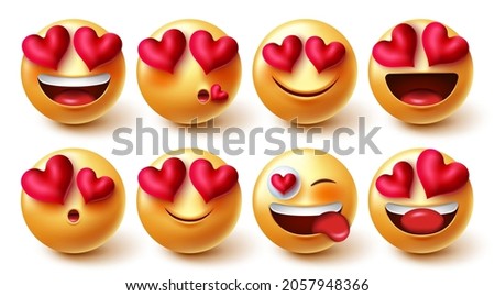 Emojis valentines lovely character vector set. Emoji characters inlove and happy facial expressions isolated in white background for cute valentine love hearts in yellow faces collection design.