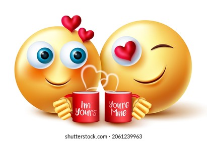 Emojis valentines lover vector design. 3d emoji inlove character holding coffee mug with romantic feelings expression for love valentine concept emoticons. Vector illustration.
