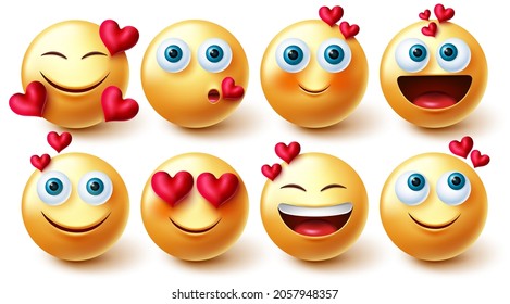 Emojis valentines vector set. Inlove 3d emoji characters with hearts element in yellow faces reaction for graphic design collection isolated in white background. Vector illustration.
