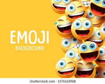 Emojis vector background. Funny emoji background text with emoticon group face head in excited, surprise, smiling and happy expression in yellow empty space background. Vector illustration.
