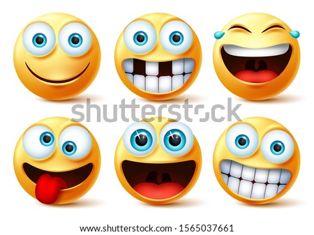 Emojis vector face set. Emoticons and emoji cute faces in crazy, funny, excited, laughing, and toothless facial expressions isolated in white background. Vector illustration. 