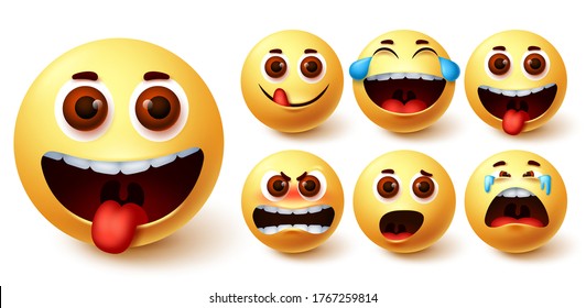 Emojis vector set. Emoji cute yellow face with naughty, angry, laughing, surprise, crying and happy feelings for design elements. Vector illustration.
