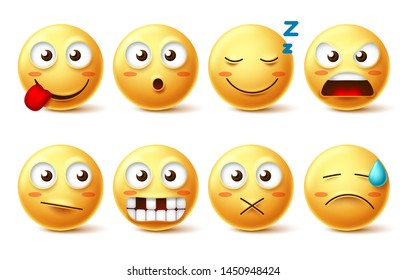 Emojis vector set with funny facial expressions.Emoticon face cute emoticons with sleepy, toothless, angry and naughty facial expressions isolated in white background for design elements. 