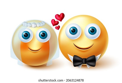 Diseño vectorial de pareja de bodas emoticones. 3d concepto de novios emoticonos y novios emoticonos de novias emoticonos en amarillo inamor. Ilustración vectorial.
