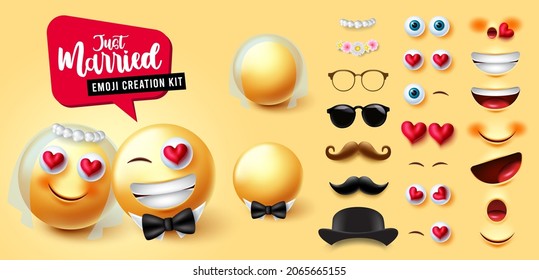 Emojis wedding creator vector set. 3d emojis character kit with married couple wearing veil and bow in editable face for lover emoticon husband and wife creation design. Vector illustration.
