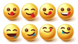 Emojis Yummy Face Character Vector Set. Emoji 3d In Licking And Mouth Watering For Hungry, Delicious And Tasty Emoticons Facial Reaction Design Collection. Vector Illustration.
