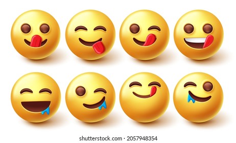 Emojis yummy face character vector set. Emoji 3d in licking and mouth watering for hungry, delicious and tasty emoticons facial reaction design collection. Vector illustration.
