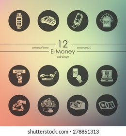 e-money modern icons for mobile interface on blurred background