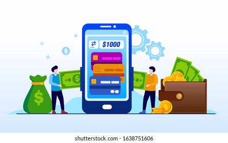E-money transfer technology, mobile banking, paylater, online transaction landing page website illustration flat vector template 