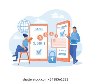  E-money vector illustration. A woman transferring money, digital account banking transactions, digital transaction security. Financial Transactions concept. Flat vector illustration.