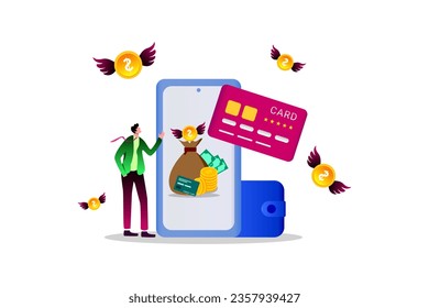 E-money Wallet with golden coin with wings and Mobile phone and banking card