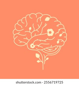 Emothion intellect. Human brain schematic sketch with flowers and leaves. Vector illustration