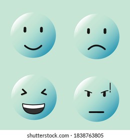 Emoticon juego de personajes 3D, En imagen sonriente, triste, enojado y laureado emoción. Usar color azul.