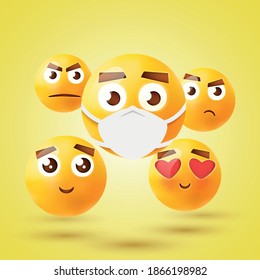 Emoticon 3d icon. Emoji with medical mask. Vector illustration