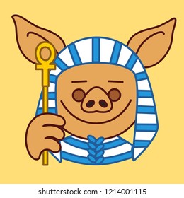 emoticon with ancient Egypt ruler pharaoh pig with beard that is holding an ankh sign & wearing historical striped dress with cape & robe, vector emoji drawn by hand in color