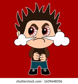 emoticon with a angry boy with red eyes, color vector clip art on red isolated background