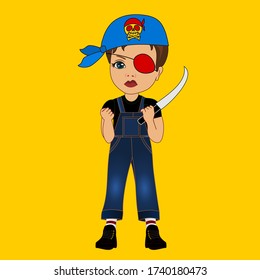 emoticon with angry boy thug wearing a bandanna and an eye patch holding knife and clenching fist,  simplistic  vector emoji in color, funny cartoon character from a set