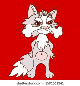 emoticon with a angry cat with red eyes, and standing hands on hips, color vector clip art on red isolated background