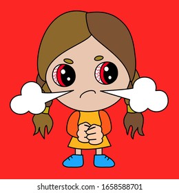 emoticon with a angry chibi girl with red eyes, color vector clip art on red isolated background