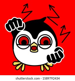 emoticon with a angry penguin with red eyes, and threatens with two fists, color vector clip art on red isolated background