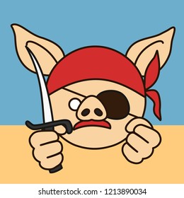 emoticon with angry thug pig wearing a bandanna and an eye patch holding knife and clenching fist, vector emoji drawn by hand in color, simplistic colorful picture, simple handdrawn illustration