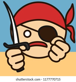 emoticon with angry thug wearing a bandanna and an eye patch holding knife and clenching fist, circle shaped vector emoji in color, simplistic colorful pictogram, funny cartoon character from a set