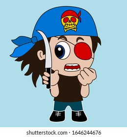 emoticon with angry thug wearing a bandanna and an eye patch holding knife and clenching fist,  simplistic  vector emoji in color, funny cartoon chibi character from a set