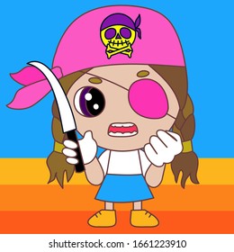 emoticon with angry thug wearing a bandanna and an eye patch holding knife and clenching fist,  simplistic  vector emoji in color, funny cartoon chibi girl character from a set