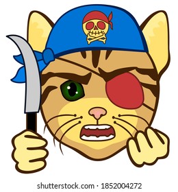 emoticon with angry thug wearing a bandanna and an eye patch holding knife and clenching fist, simplistic  vector emoji in color, funny cartoon cat character from a set