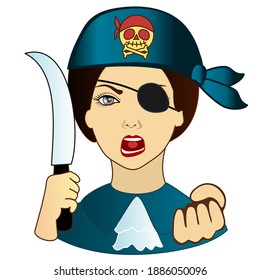 emoticon with angry woman thug wearing a bandanna and an eye patch holding knife and clenching fist, simplistic vector emoji in color from a set