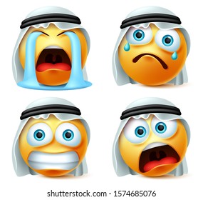 Emoticon arab crying emoji vector set. Saudi arab emoticon or emoji yellow face in crying, scared, surprise and sad emotion with white traditional thawb and background. Vector illustration