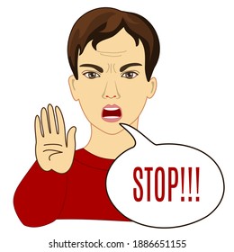 emoticon asks to stop with palm gesture, simplistic facial expression vector illustration, man cartoon character, simple hand drawn icon from a set