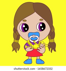 Emoticon with a baby girl who sucks a pacifier and holds in his hands a toy, color vector emoji on a blue isolated background