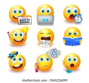 Emoticon back to school emoji vector set. Smiley emoticons with educational pose and expressions like studying and thinking  for student emojis characters collection design. Vector illustration