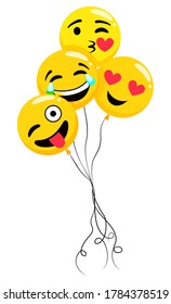 Emoticon balloons with facial expressions vector, isolated emoji with smile on face. Laughing and kissing, winking character, eyes in form of hearts. Photozone accessories flat style decoration