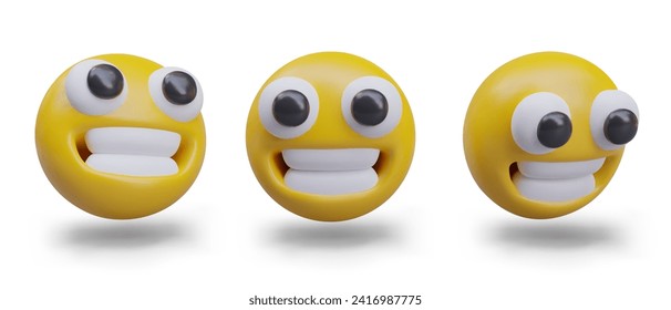 Emoticon with big smile. Set of 3D models, view from different angles. Positive emotions, excitement. Laugh out loud LOL. Vector face with funny expression