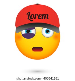 Emoticon with black eye.  Emoticon wearing baseball cap and glasses . Isolated vector illustration on white background