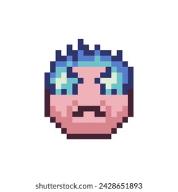 Emoticon with blue star eyes icon, smile face cartoon character. Pixel art style. 8-bit style. Isolated abstract vector illustration.