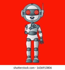 emoticon with bot that is expressing overwhelming joy with wide smile and hypnotized spiral eyes, simple colored illustration, robot vector emoji in color, funny cartoon character