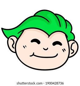 emoticon of a boy head with a friendly face with a happy smile, doodle draw kawaii. vector illustration art