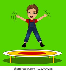 Emotikonjunge, der Spaß macht, während sie auf einem Trampolin springen und aufspringen, um sich im Park oder zu Hause zu erholen, Farbvektoremoji in Farbe