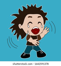 Emoticon with a boy who is funny to tears, he cries with happiness, color vector emoji on a blue isolated background